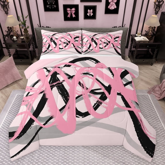 Manfei Greometric Stripe Lines Bedding Comforter Set,Modern Abstract Art Twin Comforter Sets,Pink Black Striped Bedding Set For Gitls Teens,Breathable Home Decor Reversible,2 Pieces