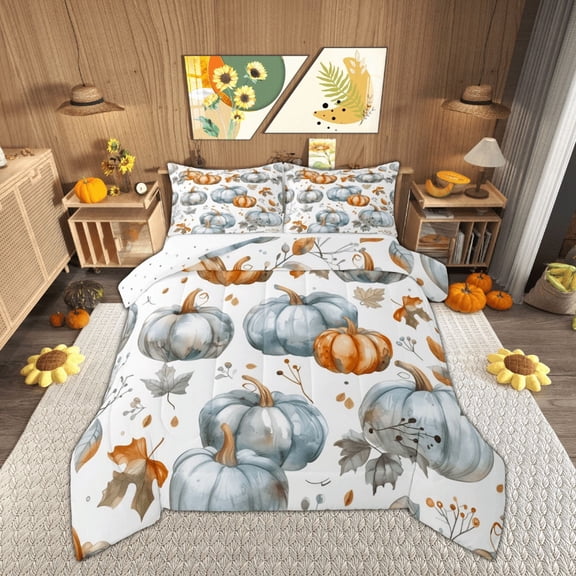 Feelyou Grey Blue Pumpkin Queen Comforter Set, Maple Plant Botanical Bedding Sets, Harvest Theme Bedding Comforter Set, Super Cozy Bedroom Decorative, 3pcs