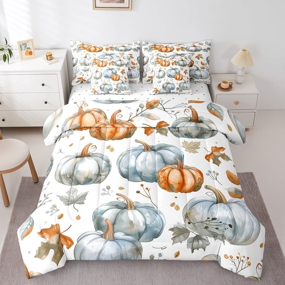 Feelyou Grey Blue Pumpkin Twin Bedding Sets 7-Piece, Maple Plant Botanical Bedding Comforter Set, Harvest Theme Sheet Sets, Super Cozy Bedroom Decorative