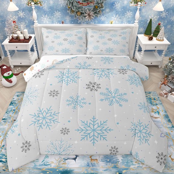Manfei Grey Blue Snowflake Bedding Comforter Set for Child, Dreamy Christmas Twin Comforter Sets, Modern Fashion Reversible Bedding Set, Microfiber Bedroom Decor, 2 Pieces