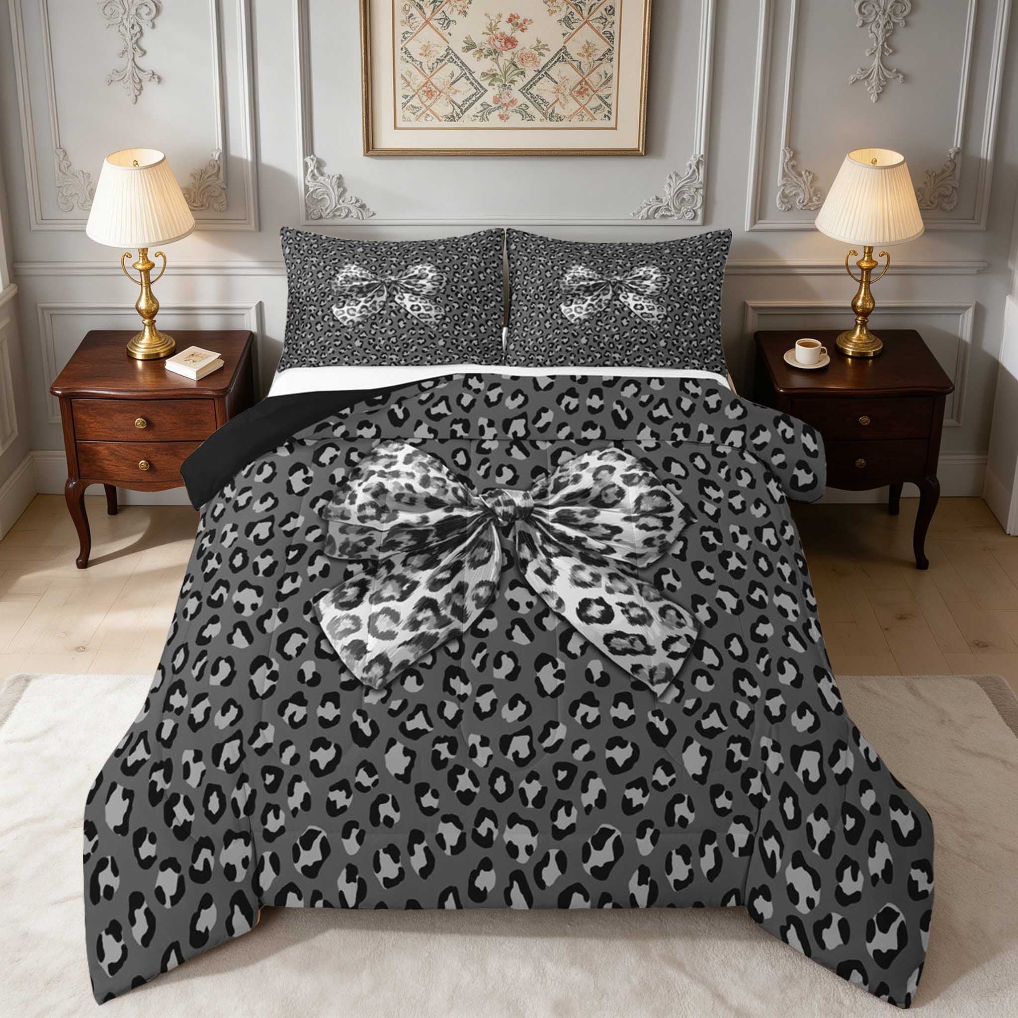 Baby Animal Ribon Manfei Grey Butterfly Bow Queen Comforter Set, Silver Leopard Ribbon ...