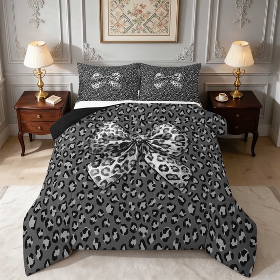 Manfei Grey Butterfly Bow Queen Comforter Set, Silver Leopard Ribbon ...