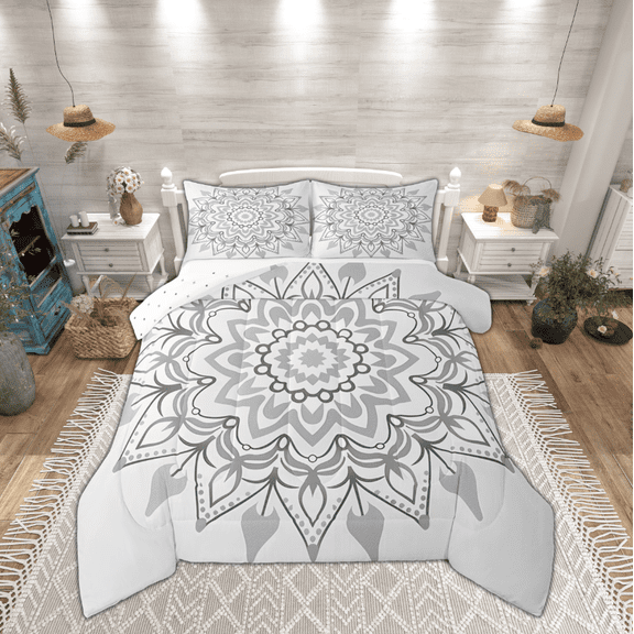 Manfei Grey Damask Flower Queen Comforter Set, Tribal Hippie Mandala Bedding Comforter Set, Teen Adult Female Man Reversible Bedding Set, Breathable Home Decor, 3pcs