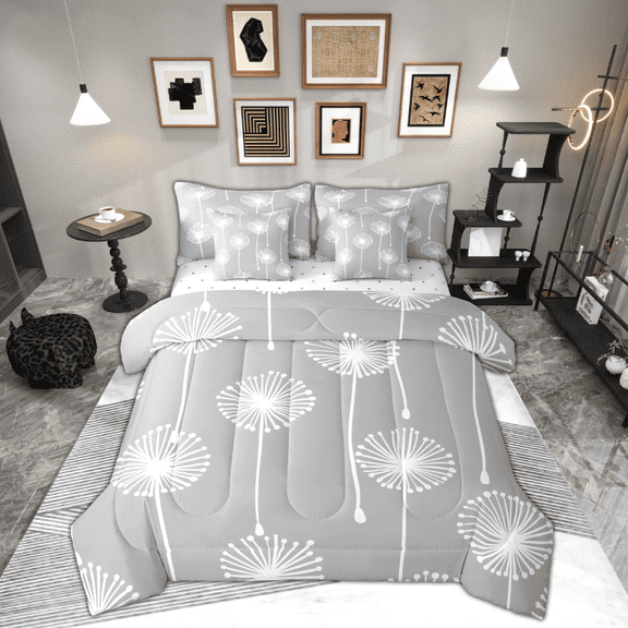 Manfei Grey Dandelion Child Bedding Comforter Set 7-Piece, Spring Plant Botanical King Bedding Sets, Cartoon Theme Reversible Bed Sheets, Microfiber Bedroom Decor