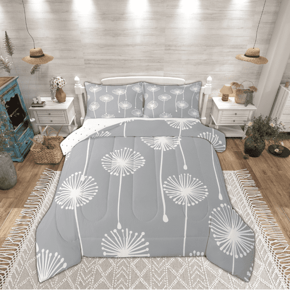 Manfei Grey Dandelion Child Queen Comforter Set, Spring Plant Botanical Bedding Comforter Set, Cartoon Theme Reversible Bedding Set, Microfiber Bedroom Decor, 3 Pieces