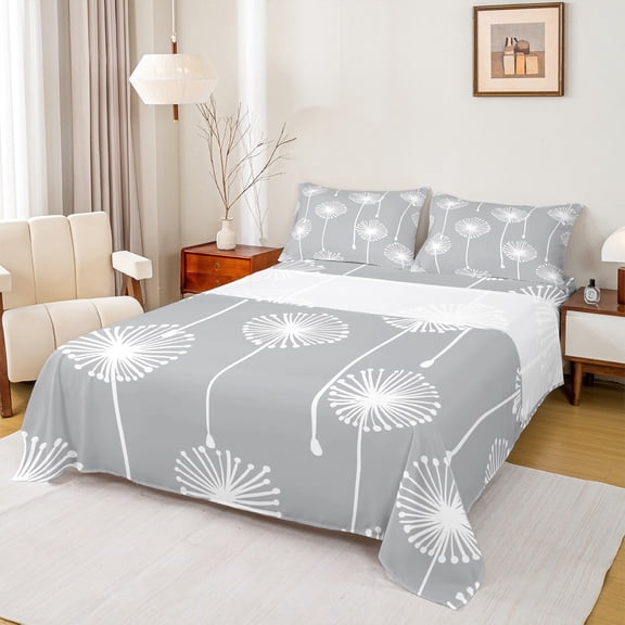 Manfei Grey Dandelion Child Queen Sheet Sets, Spring Plant Botanical Flat Sheet, Cartoon Theme Queen Fitted Sheet, Microfiber Bedroom Decor, 4 Pieces