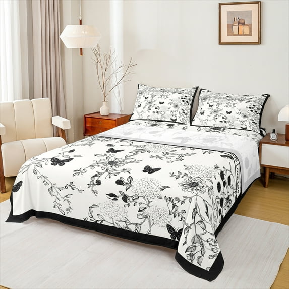 Manfei Grey Flower Floral Twin Sheet Sets for Girls, Cartoon Butterfly Twin Fitted Sheet, Retro Western Theme Flat Sheet, Ultra Soft Home Decor, 3pcs