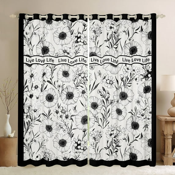 Manfei Grey Flower Print Curtains Pack of 2 (42x84 Each) for Girls, Groovy Daisy Floral Curtains Blackout, Retro Western Theme Room Decor