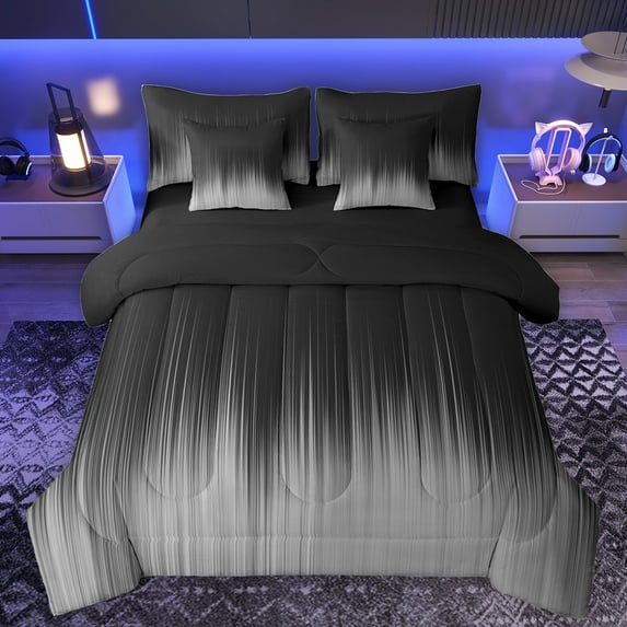Manfei Grey Gradient Stripes Twin Bedding Sets 7-Piece for Adult, Chic Abstract Lines Bedding Comforter Set, Modern Fashion Style Reversible Sheet Sets, Luxury Bedroom Decor