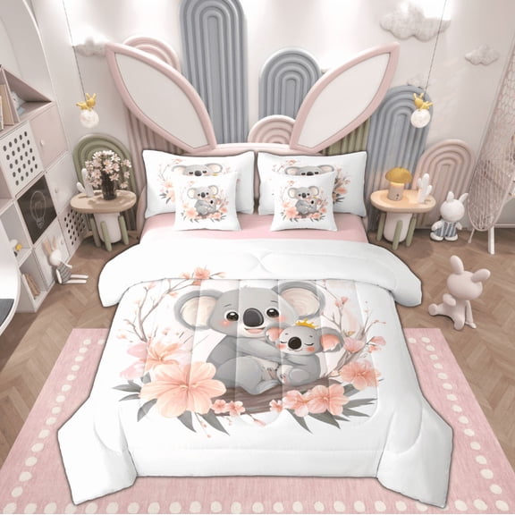 Manfei Grey Koala Animal Bedding Comforter Set 7-Piece for Kids, Pink Cherry Blossoms King Bedding Sets, Kawaii Cartoon Theme Reversible Bed Sheets, Lightweight Room Decor