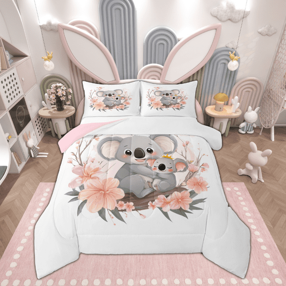 Manfei Grey Koala Animal Bedding Comforter Set for Kids, Pink Cherry Blossoms Twin Comforter Sets, Kawaii Cartoon Theme Reversible Bedding Set, Lightweight Room Decor, 2-Piece