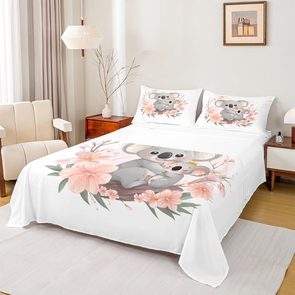 Manfei Grey Koala Animal Twin Sheet Sets for Kids, Pink Cherry Blossoms Twin Fitted Sheet, Kawaii Cartoon Theme Flat Sheet, Lightweight Room Decor, 3-Piece