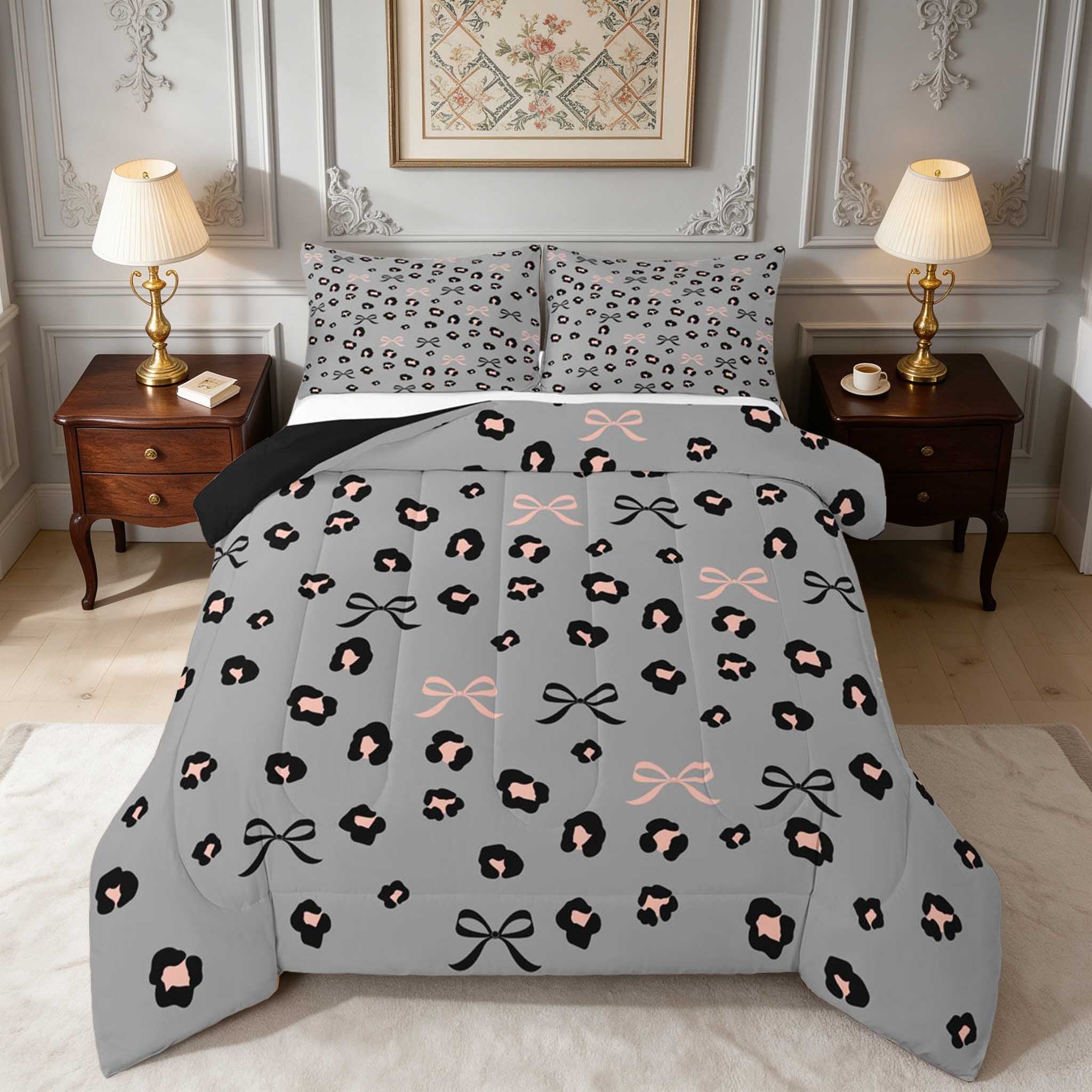 Baby Animal Ribon Manfei Grey Leopard Bows King Size Comforter Sets, Peach Ribbon Dots ...