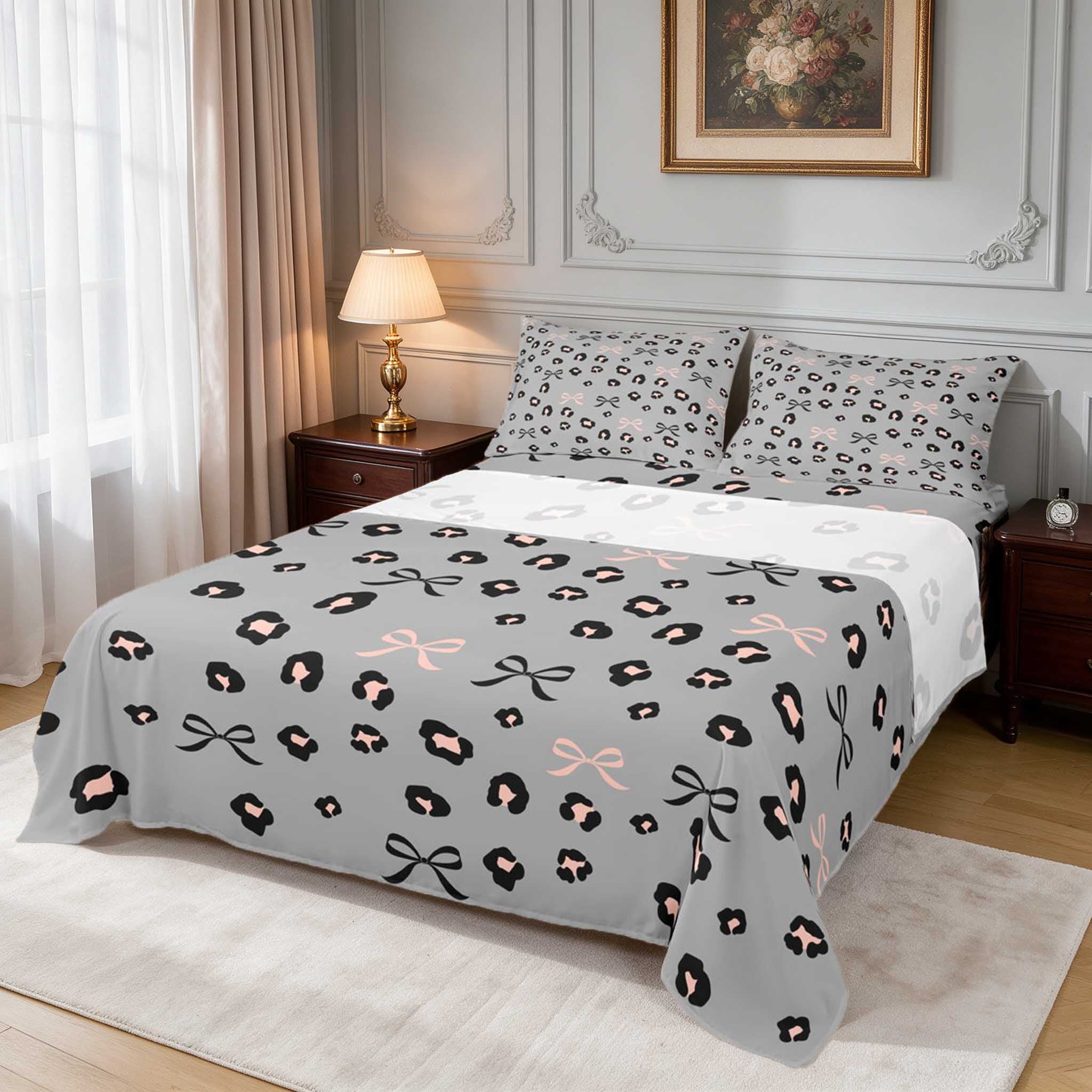 Baby Animal Ribon Manfei Grey Leopard Bows Queen Sheets, Peach Ribbon Dots Queen Sheet ...