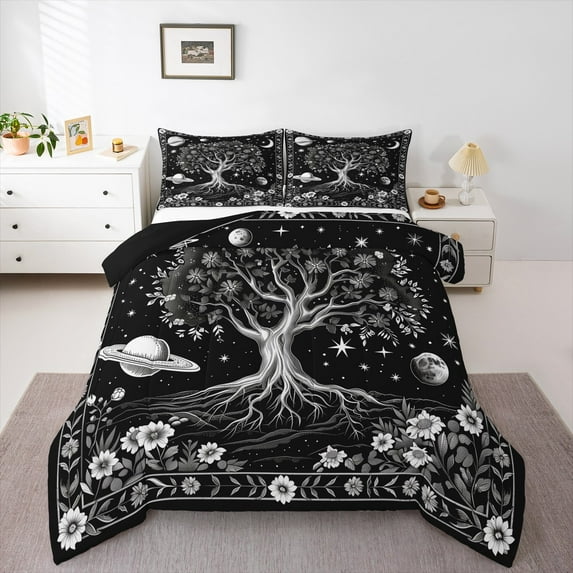 Manfei Grey Life Tree Bedding Comforter Set, Mystic Bohemian Flower Botanical Twin Comforter Sets, Outer Space Planet Reversible Bedding Set, Super Cozy Room Decor, 2-Piece