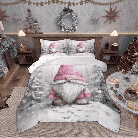 Manfei Grey Pink Gnome Bedding Comforter Set for Kid, Winter Snow Tree Twin Comforter Sets, Western Christmas Festival Reversible Bedding Set, Microfiber Bedroom Decor, 2 Pieces