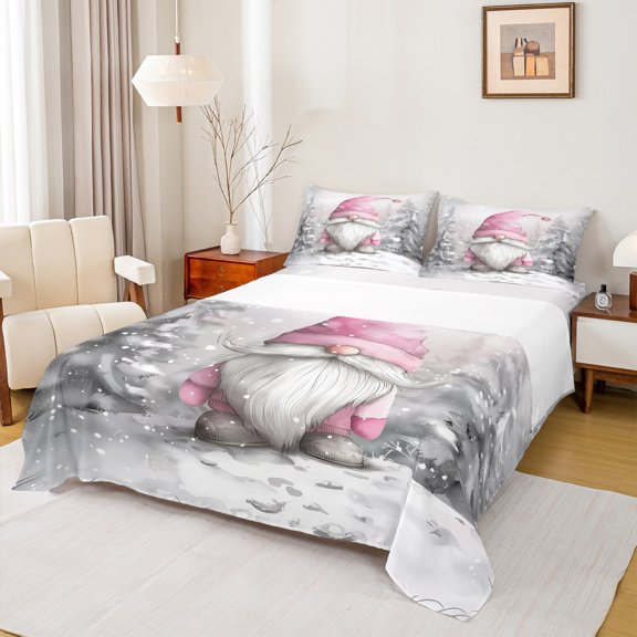 Manfei Grey Pink Gnome Twin Sheet Sets for Kid, Winter Snow Tree Twin Fitted Sheet, Western Christmas Festival Flat Sheet, Microfiber Bedroom Decor, 3 Pieces