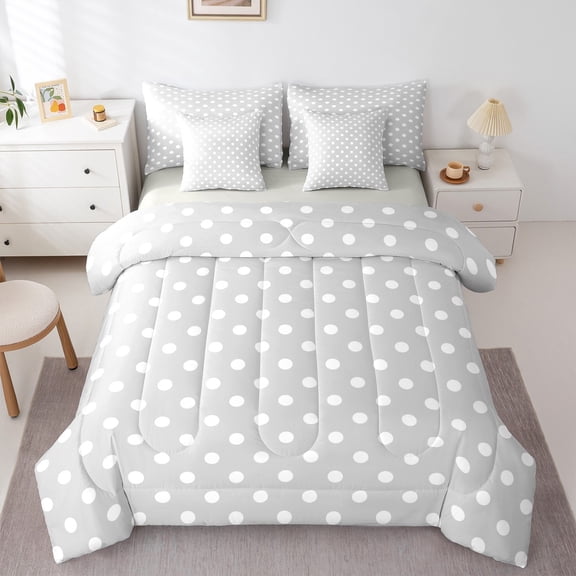 Manfei Grey Polka Dot Bedding Comforter Set 7pcs for Teens, Abstract Ombre Queen Bedding Sets, Modern Fashion Reversible Queen Sheet Sets, Breathable Home Decor