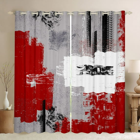 Homewish Grey Red Oil Printing Black Out Curtains, Chic Watercolor Artwork Curtains Pack of 2 (42x63 Each), Vintage Fashion Bedroom Curtains, Curtains and Drapes Decor