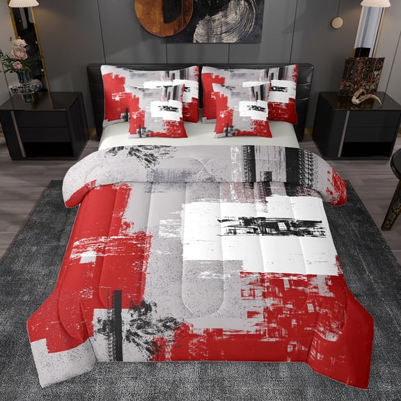 Homewish Grey Red Oil Printing Twin Bedding Sets 7-Piece, Chic Watercolor Artwork Bedding Comforter Set, Vintage Fashion Reversible Sheet Sets, Luxury Bedroom Decor