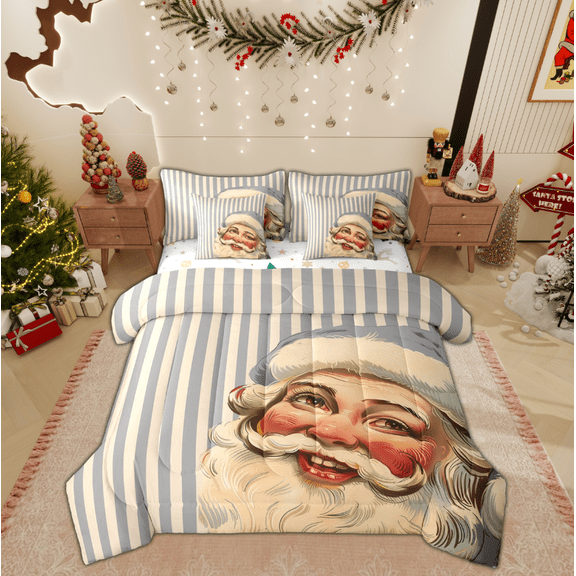 Manfei Grey Santa Claus Twin Bedding Sets 7-Piece, Stripes Abstract Bedding Comforter Set, Teens Boys Girls Kids Reversible Sheet Sets, Luxury Bedroom Decor