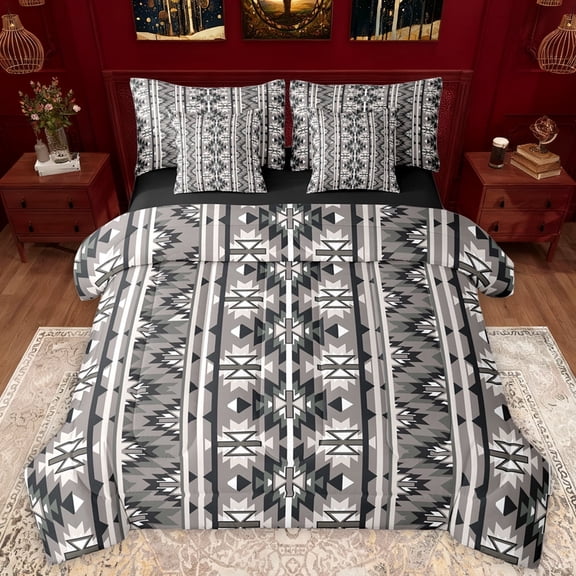 Manfei Grey Square Aztec Twin Bedding Sets 7-Piece, Tribal Western Rectangle Bedding Comforter Set, Teens Adult Women Reversible Sheet Sets, Ultra Soft Bedroom Decor