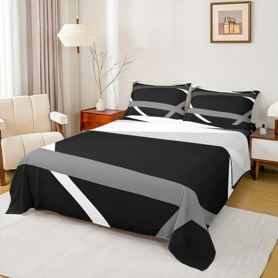 Feelyou Grey Stripes Full Size Sheets, Abstract Geometry Bed Sheets, Teenager Adult Sheet Sets, Ultra Soft Room Decor, 4-Piece