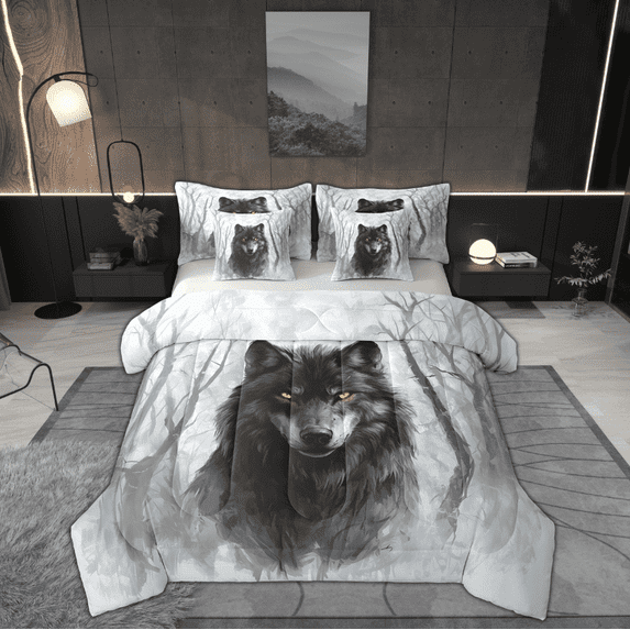 Manfei Grey Wolf Bedding Sets King Size for Teens, Jungle Wildlife Bed in a Bag King size, 3D Animal Reversible Comforter Sets with Sheets, Breathable Bedroom Decorative, 7pcs