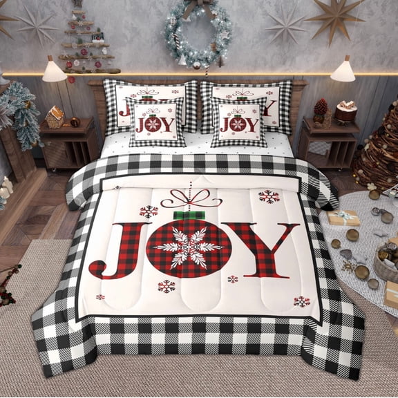 Manfei Grid Christmas Ball Bedding Comforter Set 7pcs, Joy Print Full Bedding Set, Black and White Checkered Fitted Sheet Flat Sheet, Breathable Home Decor