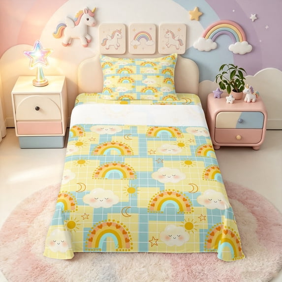 Manfei Grid Rainbow Twin Sheets, Galaxy Cloud Bedding, Yellow Blue, 3pcs, 1 Flat Sheet, 1 Fitted Sheet and 1 Pillowcase