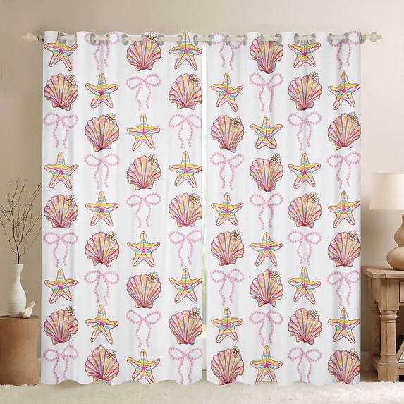 Manfei Grid Seashell Bow Blackout Curtains,Starfish Summer Window Curtains Pack of 2 (38x45 Each)