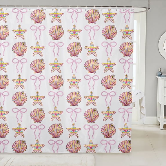 Manfei Grid Seashell Bow Shower Curtain 72Wx84L,Starfish Summer Bathroom Shower Curtain