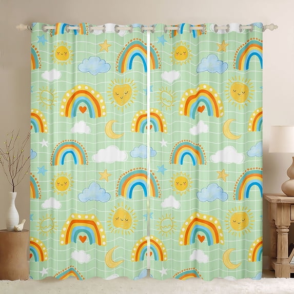 Manfei Grid Sky Curtains and Drapes Pack of 2 (52x63 Each), Moon Star Rainbow Black Out Curtains, Green