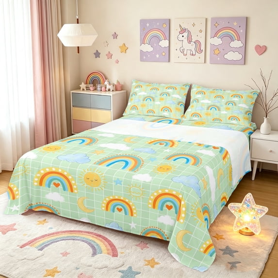Manfei Grid Sky Queen Sheets, Moon Star Rainbow Queen Sheet Sets, Green, 4 Pieces, 1 Flat Sheet, 1 Fitted Sheet and 2 Pillowcases