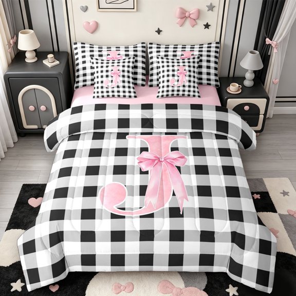 Manfei Grid Themed Alphabet J Pattern 7-Piece Twin Bedding,Girly Bow Knot Bedding Comforter Set,Pink Reversible