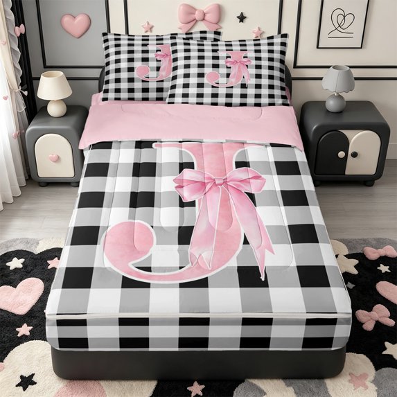 Manfei Grid Themed Alphabet J Pattern Zipper Full Size Comforter Sets with Fitted Sheet and 2 Pillowcases,Girly Bow Knot Zipper Bedding Set,Pink Reversible,4-Piece