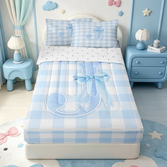 Manfei Grid Themed Alphabet J Pattern Zipper Queen Comforter Set with Fitted Sheet and 2 Pillowcases,Blue Girly Bow Knot Zipper Bedding Set,Reversible,4-Piece
