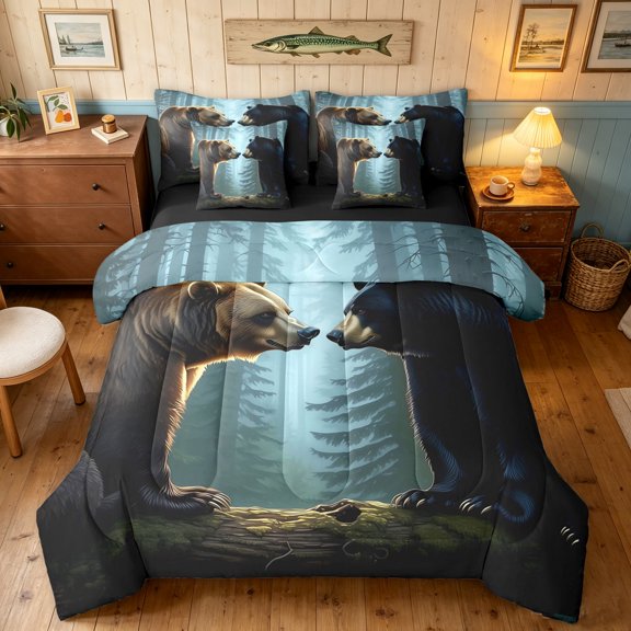 Manfei Grizzly Bear Full Size Bedding Sets, Farmhouse Country Wildlife Full Size Bed in a Bag, Dark Blue, Black Reversible, 7pcs