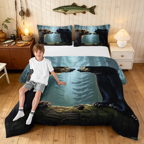 Manfei Grizzly Bear King Size Comforter Sets, Farmhouse Country Wildlife Comforters King Size, Dark Blue, Black Reversible, 3pcs, 1 Comforter and 2 Pillowcases