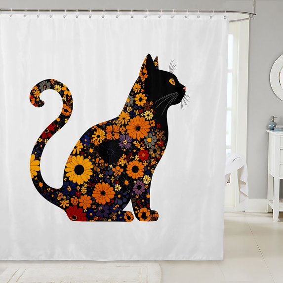 Manfei Groovy Cat Shower Curtain 72Wx78L, Tribal Boho Floral Bath Curtain, White Orange Black