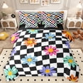 thumbnail image 1 of Manfei Groovy Daisy Flower Bedding Comforter Set 7pcs, White Black Plaid King Bedding Sets, Teens Kids Boys Girls Reversible Bed Sheets, Luxury Bedroom Decor, 1 of 7