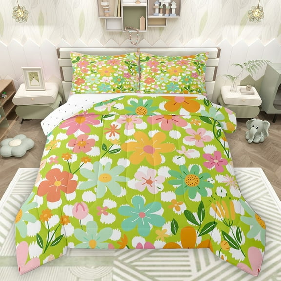 Manfei Groovy Floral Flowers Bedding Comforter Set 2pcs for Boys Girls,Spring Garden Twin Comforter Sets Microfiber,Polka Dots Breathable Bedding Set,Luxury Bedroom Decor,Reversible
