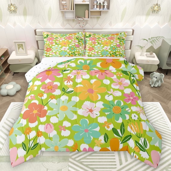 Manfei Groovy Floral Flowers Full Size Comforter Sets 3-Piece for Boys Girls,Spring Garden Bedding Comforter Set,Polka Dots Lightweight Bedding Sets,Luxury Bedroom Decor,Reversible