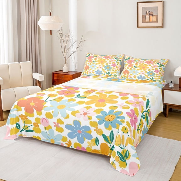 Manfei Groovy Floral Flowers Twin Sheet Sets 3pcs for Boys Girls,Spring Garden Twin Fitted Sheet Microfiber,Polka Dots Breathable Flat Sheet,Luxury Bedroom Decor