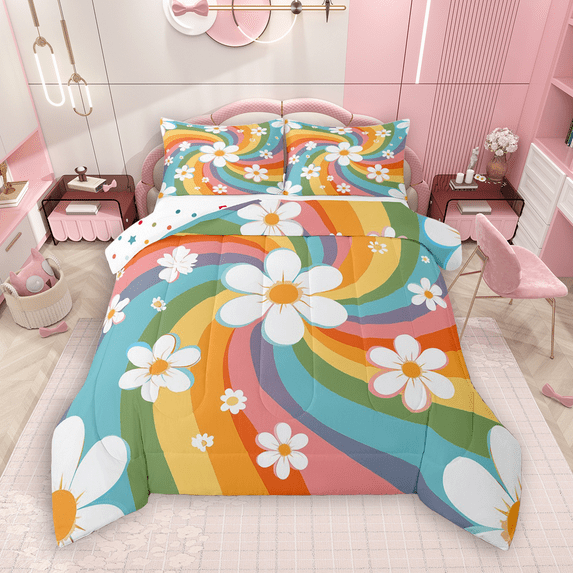 Manfei Groovy Flower Bedding Comforter Set 2pcs for Girls, Cartoon Rainbow Twin Comforter Sets, Cute Floral Bedding Set Super Cozy Room Decor