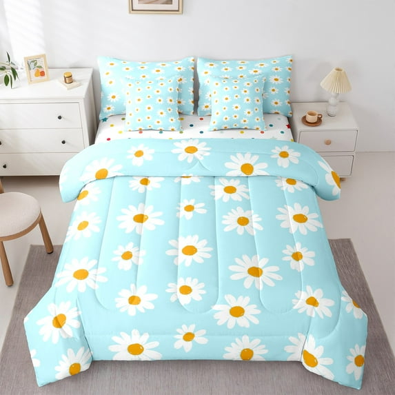 Manfei Groovy Flower Bedding Comforter Set 7pcs for Child, Rustic Daisy Plant Queen Bedding Sets, Blue Cartoon Theme Reversible Queen Sheet Sets, Super Cozy Room Decor