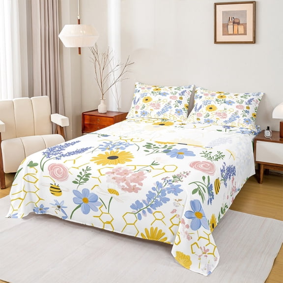 Manfei Groovy Flower Floral Bed Sheets, Gold Bee Honeycomb King Sheets, Kawaii Cartoon Theme Sheet Set, Breathable Home Decor, 4 Pieces