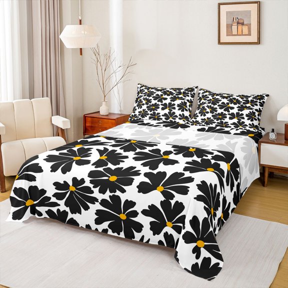 Homewish Groovy Flower Floral Twin Sheet Sets for Kids, Dreamy Daisy Twin Fitted Sheet, White Black Cartoon Flat Sheet, Luxury Bedroom Decor, 3 Pieces