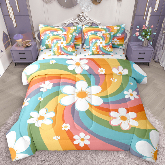 Manfei Groovy Flower Twin Bedding Sets 7pcs for Girls, Cartoon Rainbow Bedding Comforter Set, Cute Floral Sheet Sets Super Cozy Room Decor
