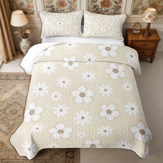 Manfei Groovy Flowers Bed Spread Queen 3pcs,Retro Aesthetics Queen Coverlet Set,1 Quilt and 2 Pillowcases